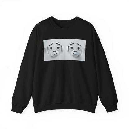 Black crewneck sweatshirt with a 3D sarcastic dog face design.