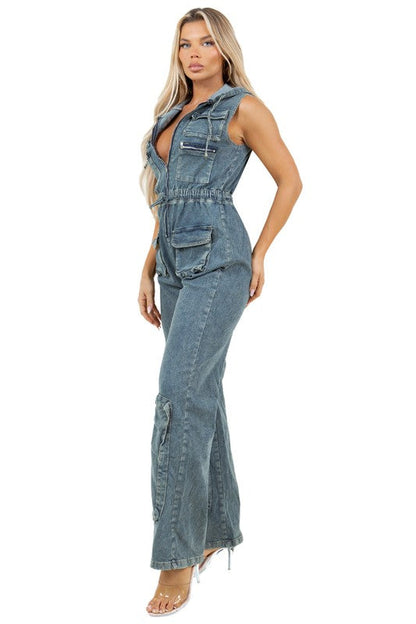 Denim Cargo Style Jumpsuit for Women