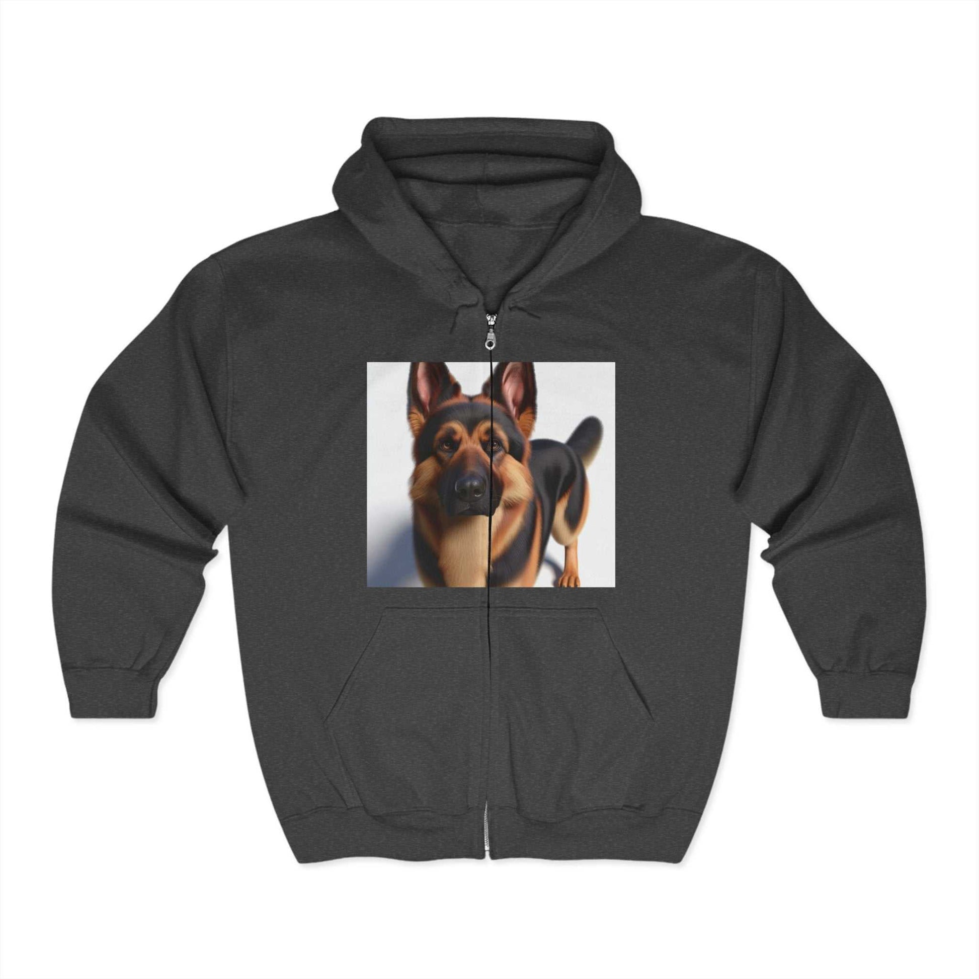 Unisex Heavy Blend™ Full Zip Hooded Sweatshirt with dog print design.