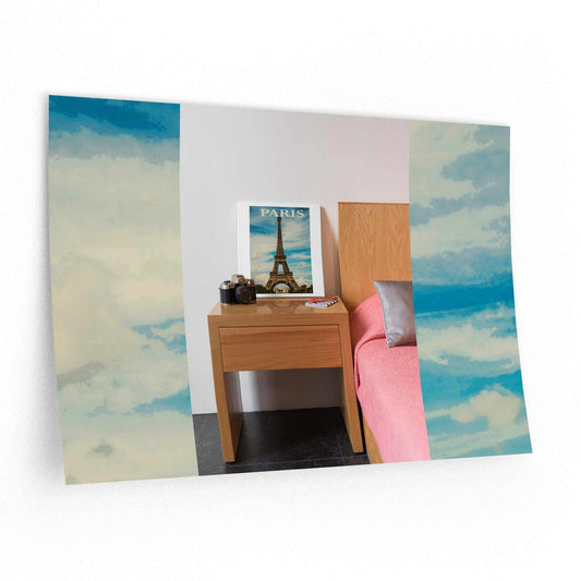 Wall decals with sky design on bedroom wall, 100% polyester, reusable, indoor use.