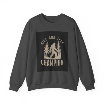 Unisex Heavy Blend Crewneck Sweatshirt with "Hide and Seek Champion" design, dark fabric, comfortable and durable fit.