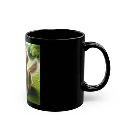 Black ceramic mug, available in 11oz and 15oz sizes, with a glossy finish and customizable design.