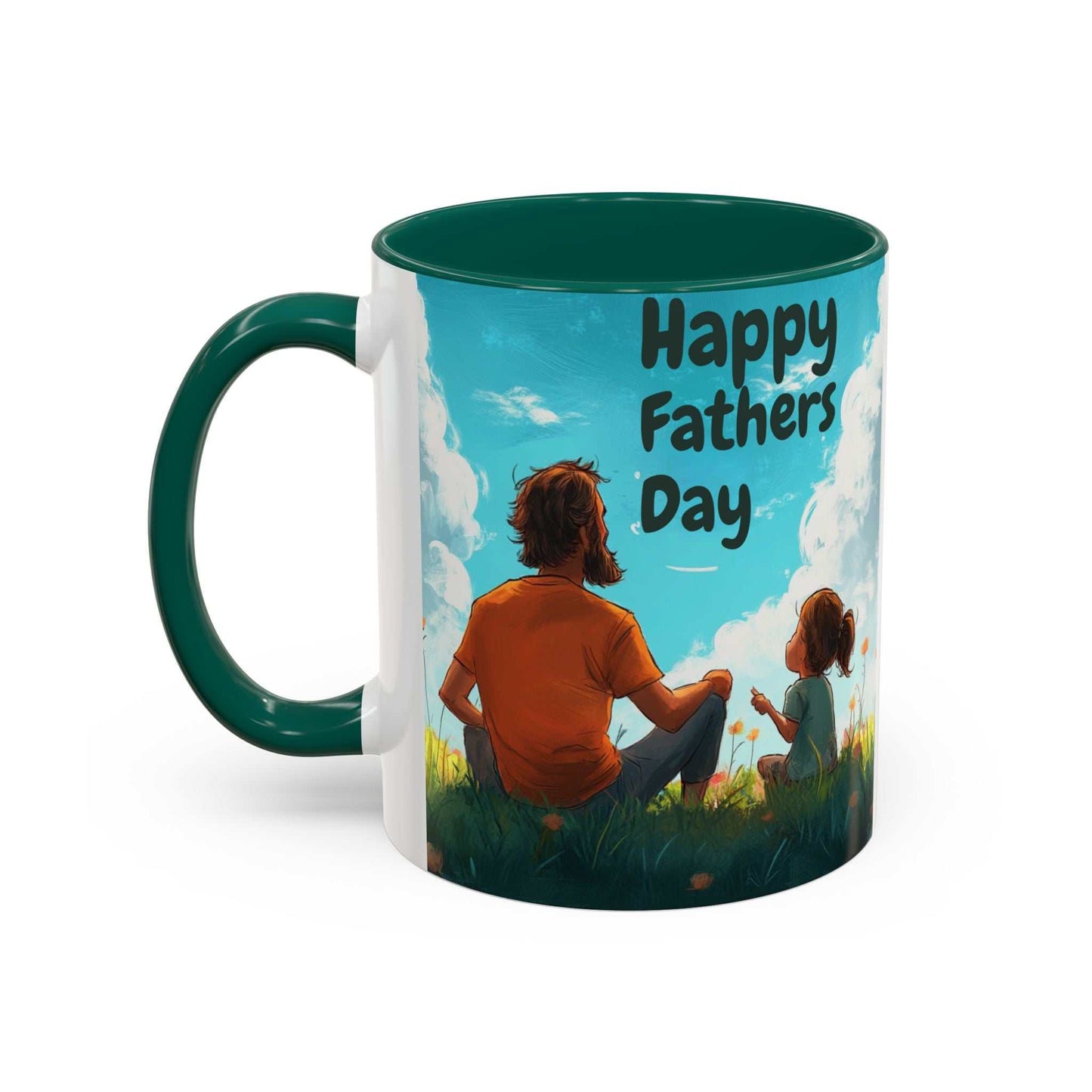 Colorful mugs with a Father's Day design, glossy ceramic, 11oz size, green handle and interior.
