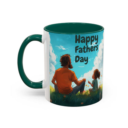 Colorful mugs with a Father's Day design, glossy ceramic, 11oz size, green handle and interior.