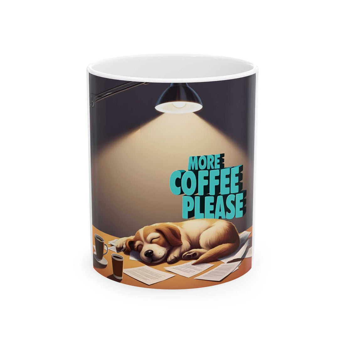 Cute dog coffee mug with "More Coffee Please" design, ideal gift for dog lovers, vibrant ceramic.