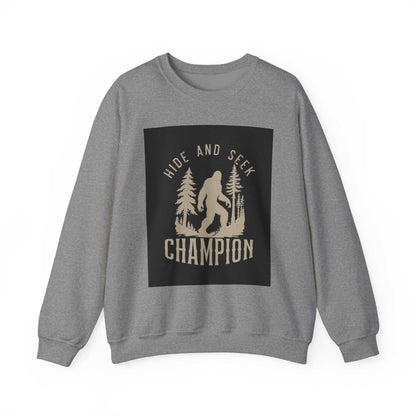Unisex Heavy Blend™ Crewneck Sweatshirt with "Hide and Seek Champion" design, medium-heavy fabric, gray color.