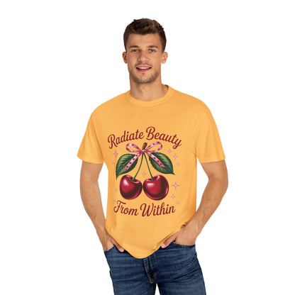 Radiate Beauty Cherry T-Shirt | Unisex Tee, Gift for Her, Positive Affirmation, Summer Fashion, Cute Graphic Tee