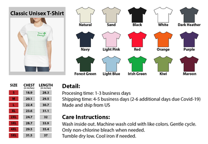 Unisex T-shirt size chart with various colors and care instructions shown.