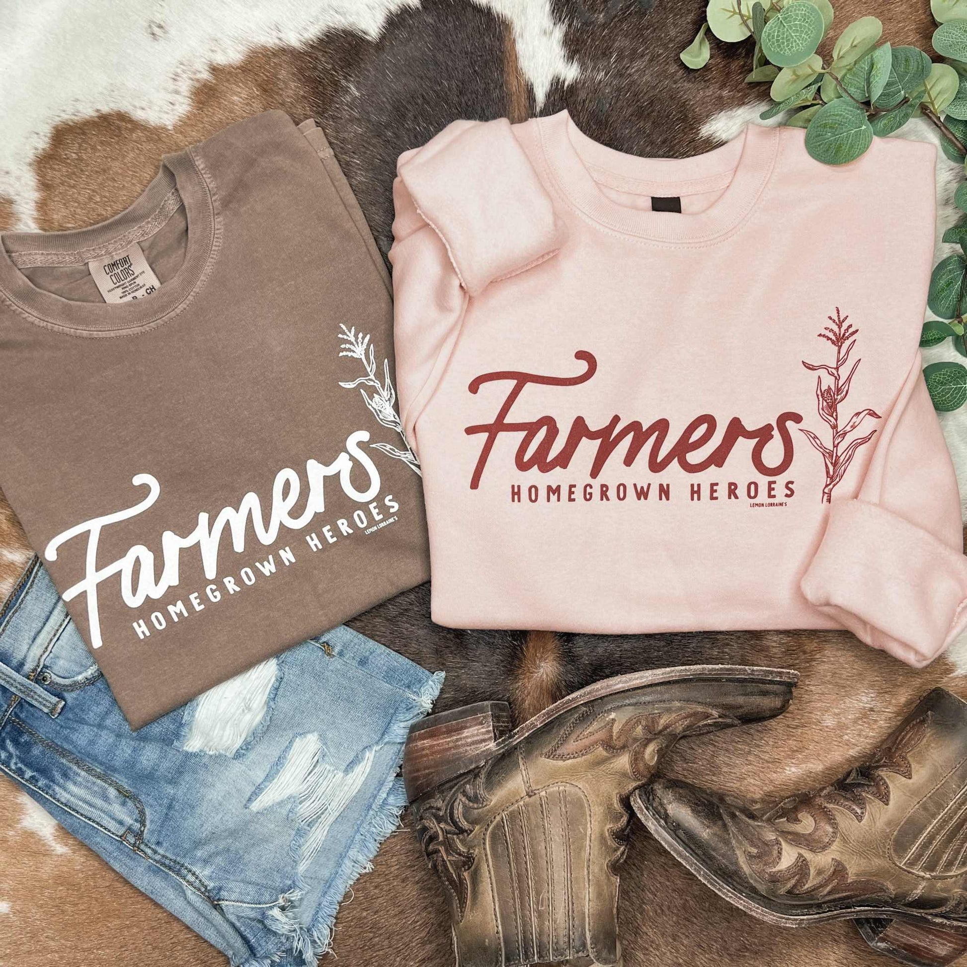 FARMERS: HOMEGROWN HEROES Graphic Tee in espresso and pink, unisex relaxed fit, 100% ring spun cotton, screen printed design.