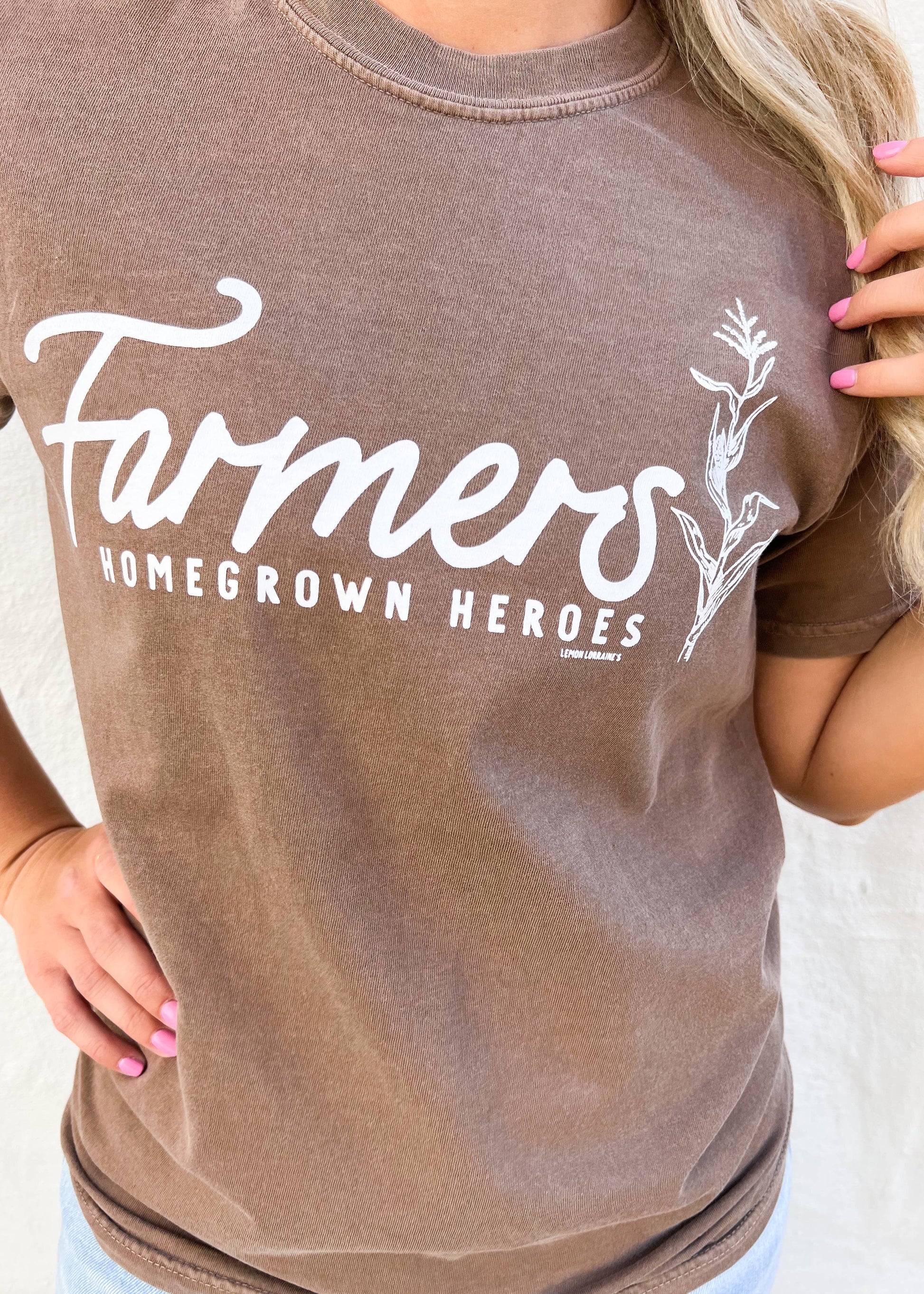 HOMEGROWN HEROES Graphic Tee in espresso color with white screen print design.
