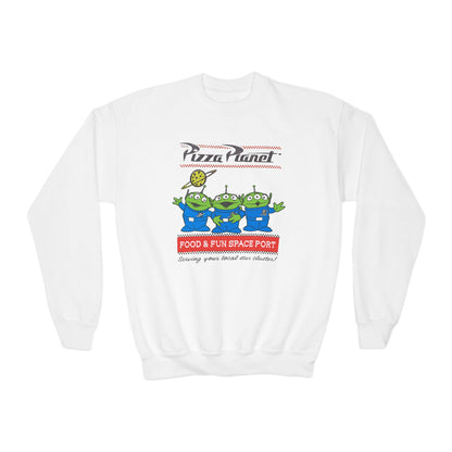 Pizza Planet Youth Crewneck Sweatshirt | Fun & Playful Gift for Kids, Space Theme Apparel, Ideal for Birthdays, Halloween, Everyday Wear