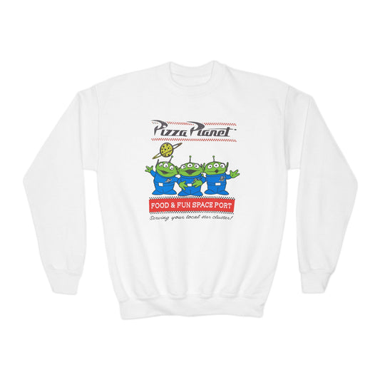 Pizza Planet Youth Crewneck Sweatshirt | Fun & Playful Gift for Kids, Space Theme Apparel, Ideal for Birthdays, Halloween, Everyday Wear