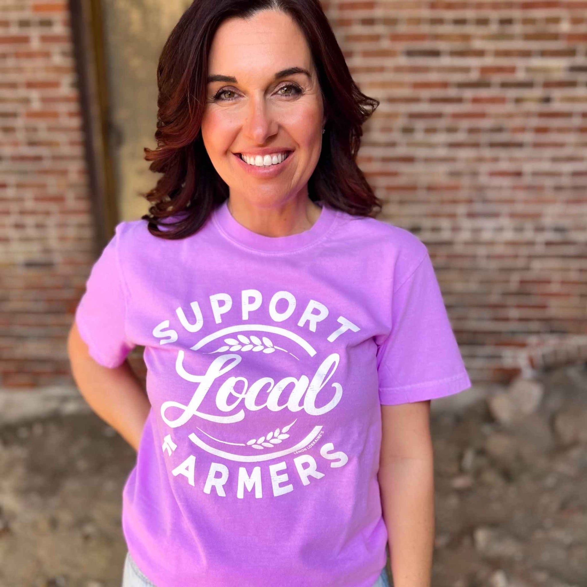 Neon Violet "SUPPORT LOCAL FARMERS" Graphic Tee with white screen print, unisex relaxed fit.