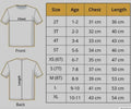 Friends Bluey kids tee shirt size chart with front and back design, detailing chest and length measurements for ages 1-11.