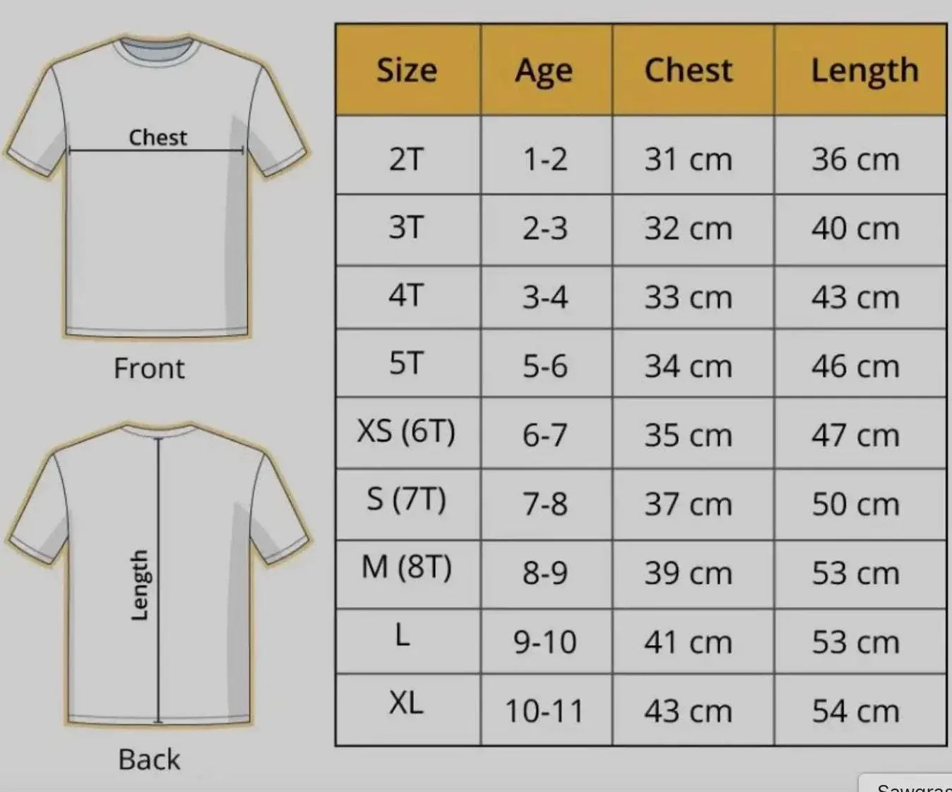 Friends Bluey kids tee shirt size chart with front and back design, detailing chest and length measurements for ages 1-11.