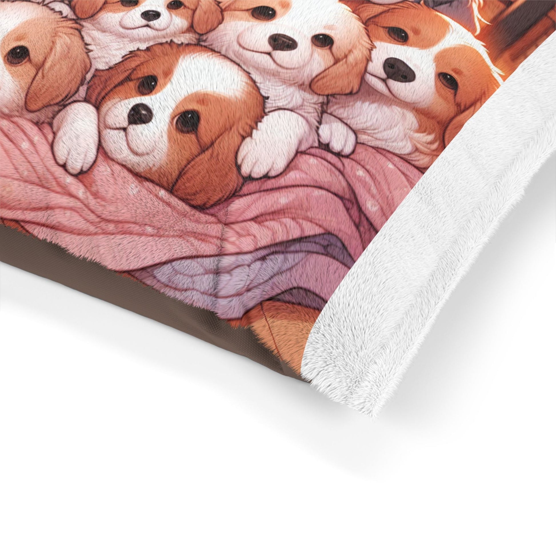 Cozy Puppy Paradise Pet Bed with soft coral fleece and vibrant design, ideal for pet comfort and stylish home decor.