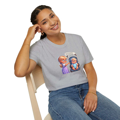 Unisex Softstyle T-Shirt in heather grey, featuring playful cartoon characters; casual and comfortable fit.