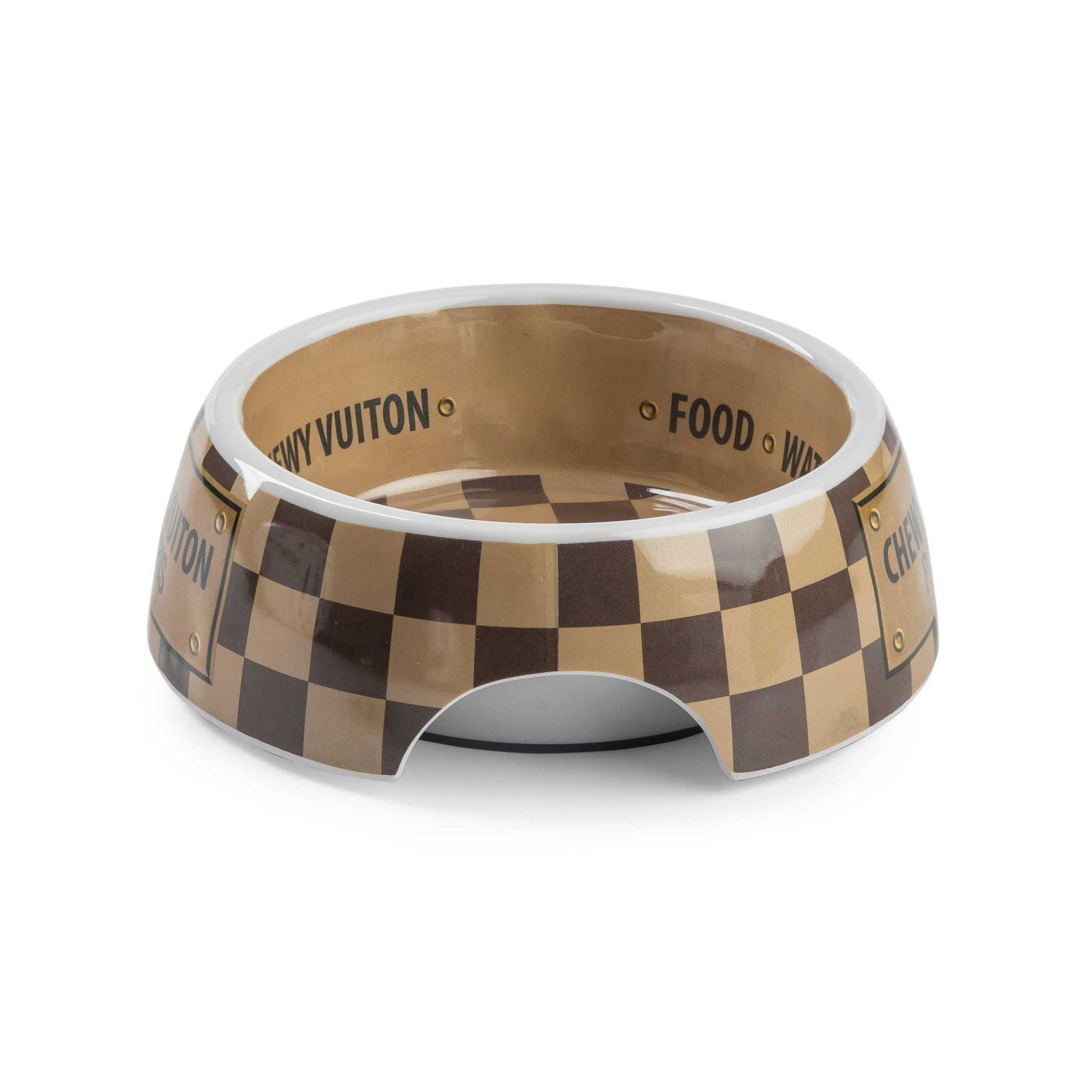 Checker Chewy Vuiton dog bowl with checkered pattern, available in three sizes, featuring chip-resistant melamine and non-skid bottom.