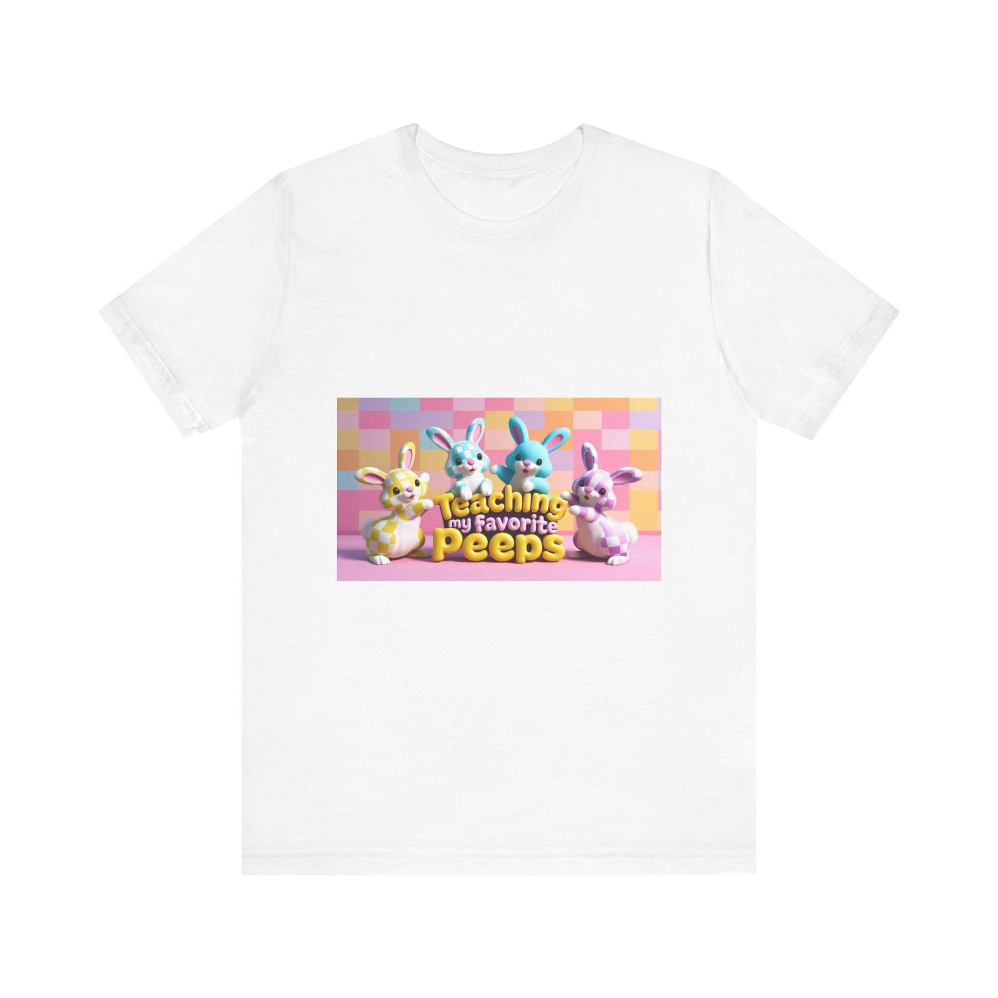 Unisex jersey short sleeve tee with colorful bunny print, soft cotton, crew neckline.