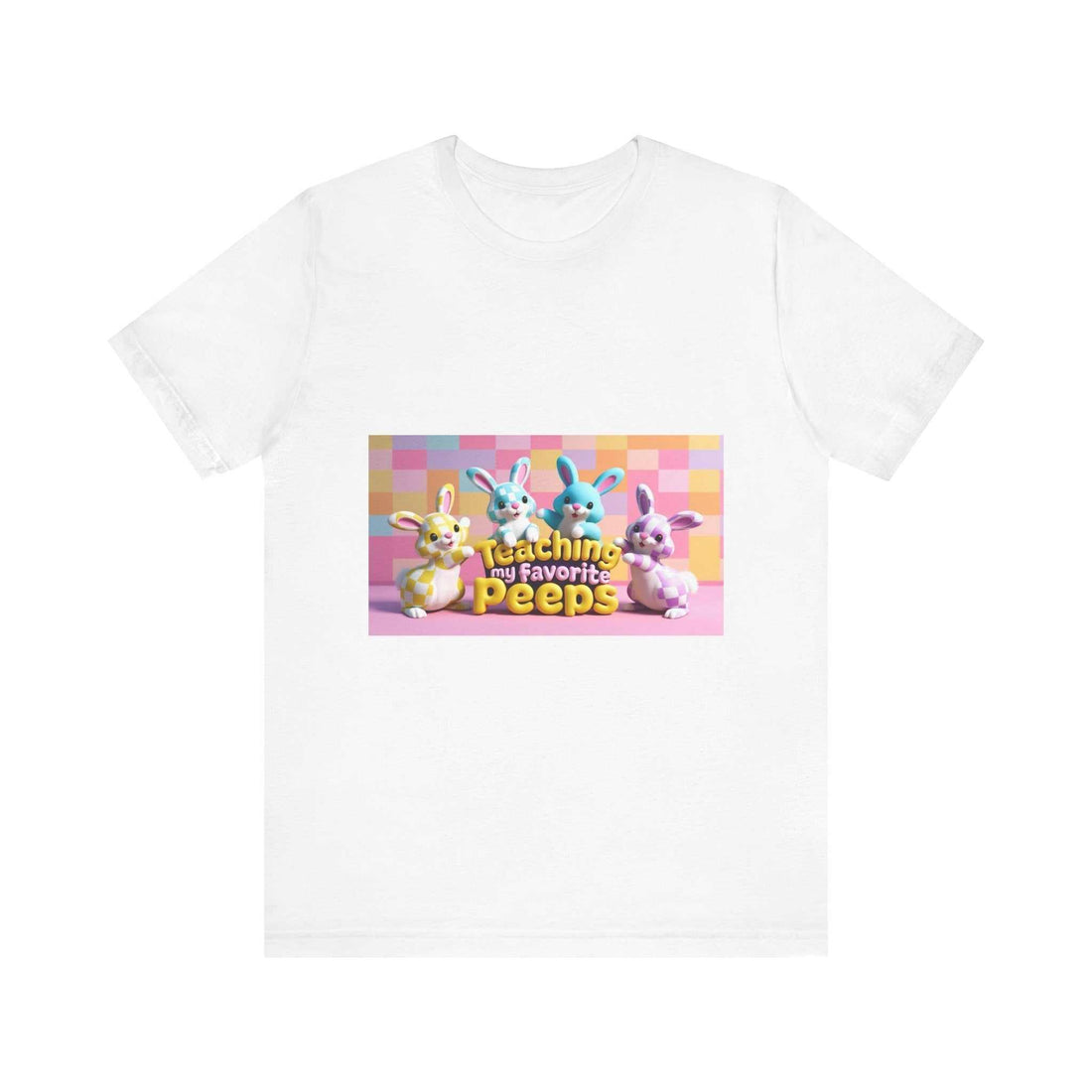 Unisex jersey short sleeve tee with colorful bunny print, soft cotton, crew neckline.
