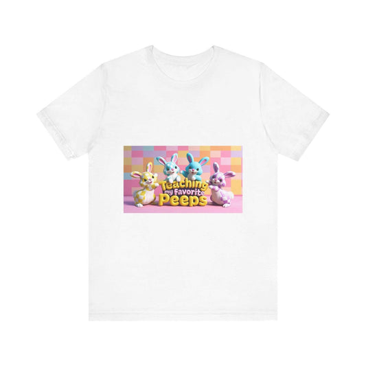 Unisex jersey short sleeve tee with colorful bunny print, soft cotton, crew neckline.
