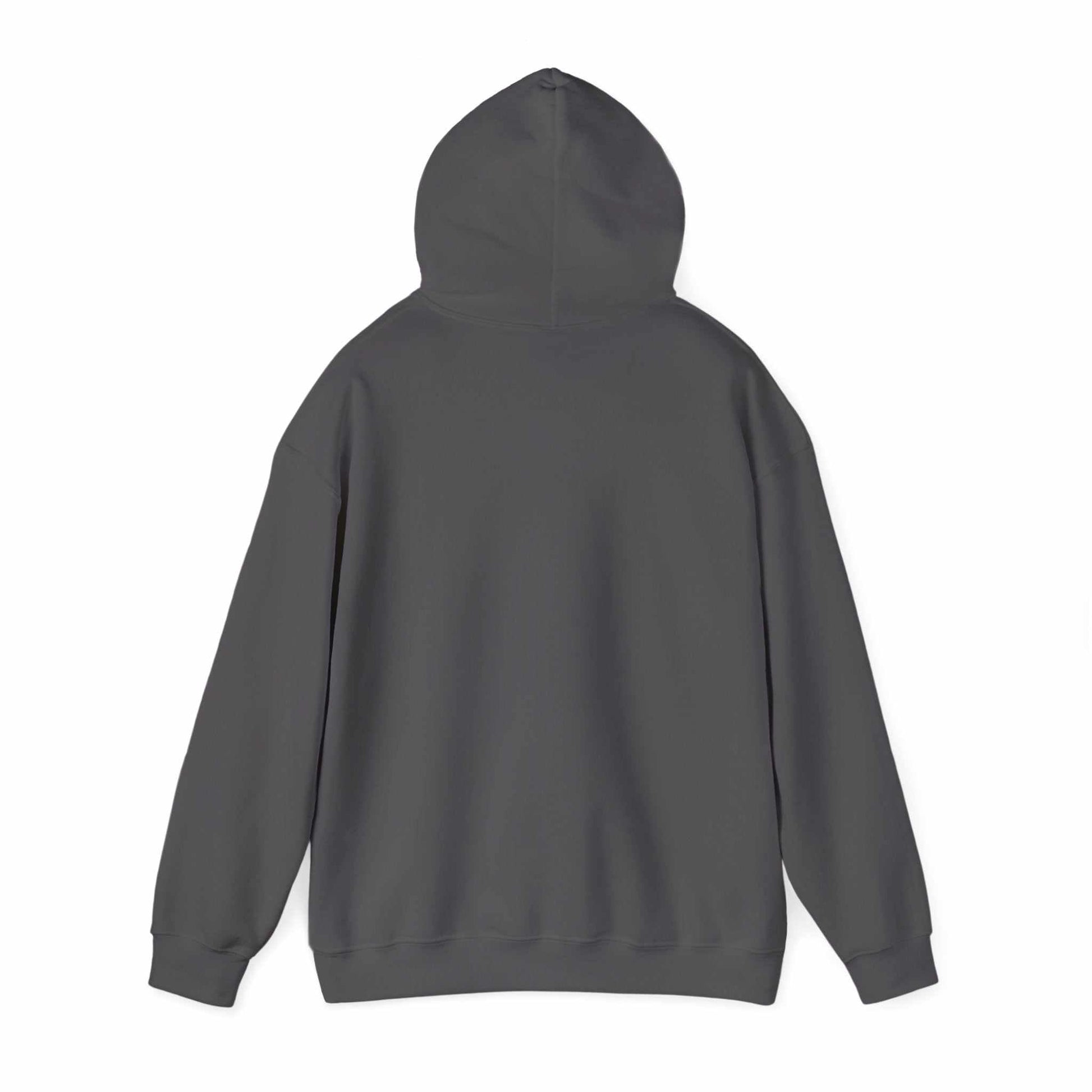 Unisex heavy blend hooded sweatshirt in charcoal gray, back view.