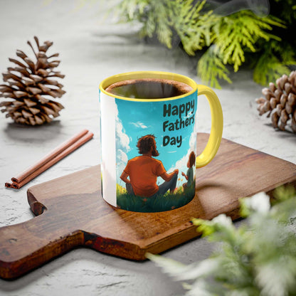 Colorful ceramic mug with custom artwork and yellow handle, available in 11oz and 15oz sizes.