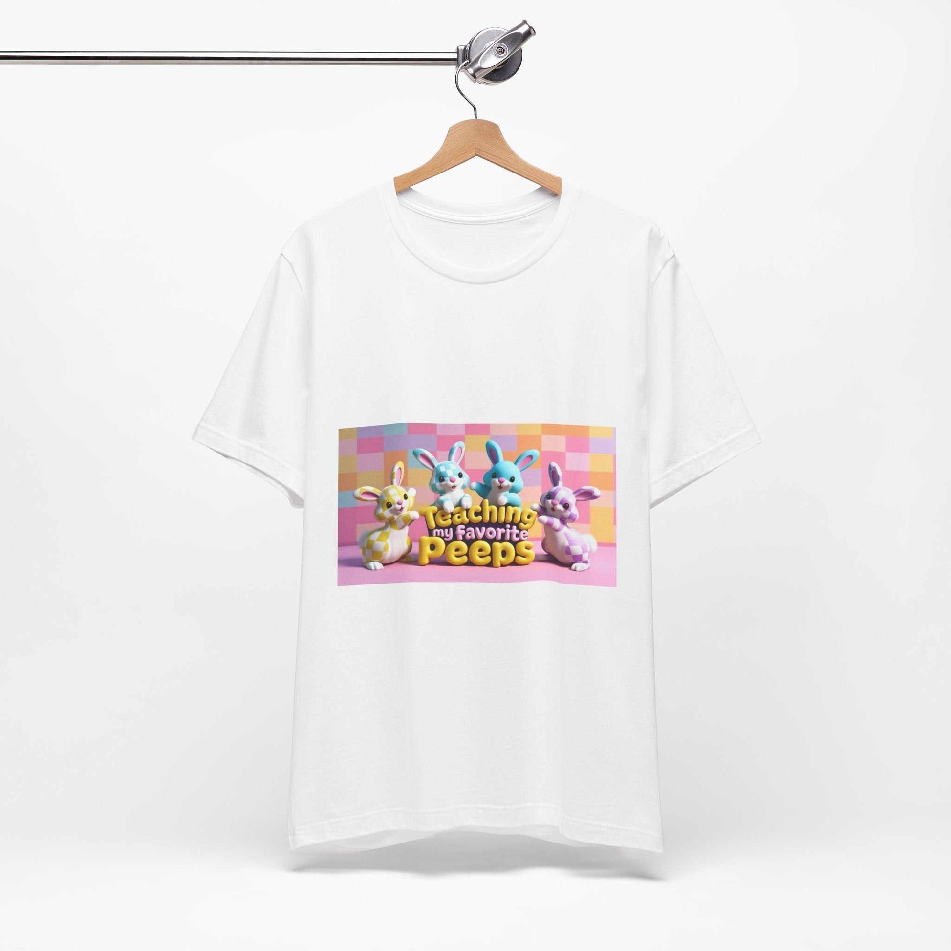 Unisex Jersey Short Sleeve Tee with graphic print, soft cotton, breathable fabric, white.