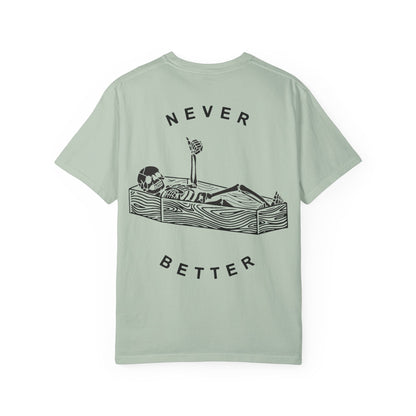 Halloween t-shirts never better skeleton giving a thumbs up in a casket