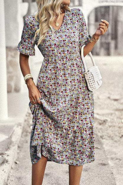 Boho Floral Ruffle Hem V Neck Short Sleeve Dress