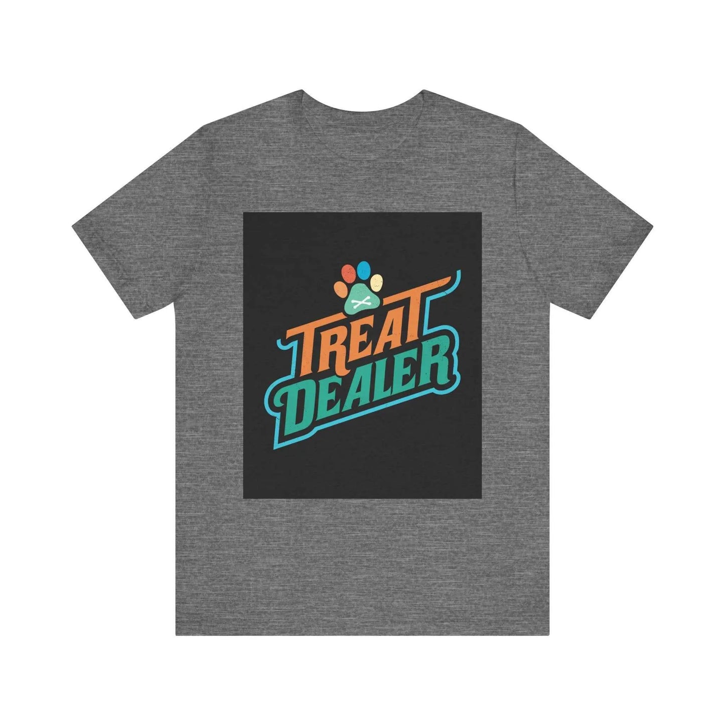 Unisex Jersey Short Sleeve Tee with "Treat Dealer" graphic, soft cotton, ribbed knit collars, gray.