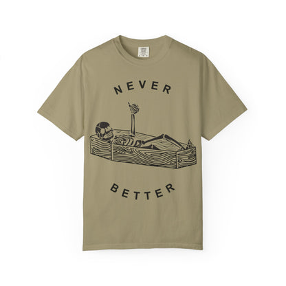 Halloween t-shirts never better skeleton giving a thumbs up in a casket