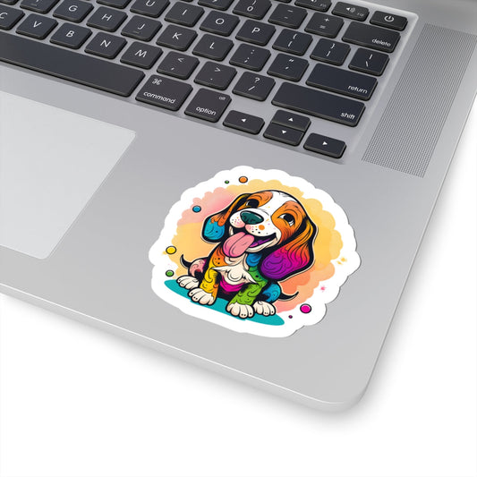 Kiss-cut sticker on laptop showing colorful dog design with durable vinyl and glossy finish.