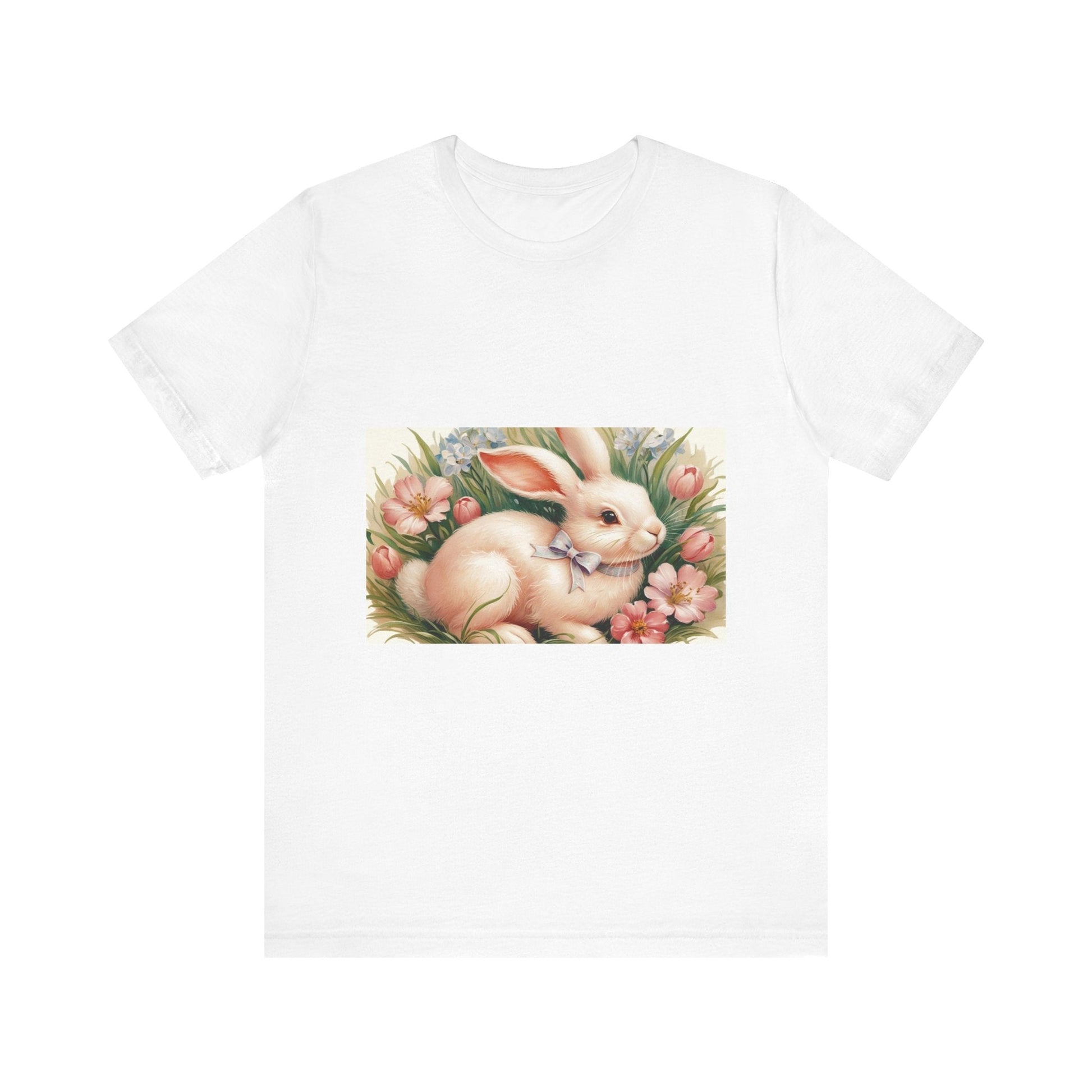 Spring Bunny Short Sleeve Tee with floral Easter design on white background.