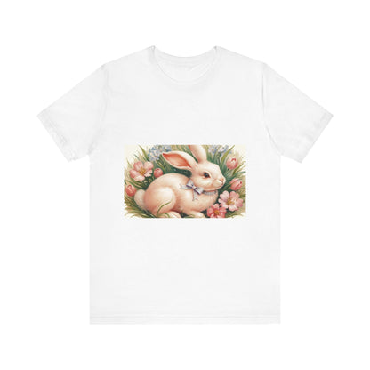 Spring Bunny Short Sleeve Tee with floral Easter design on white background.