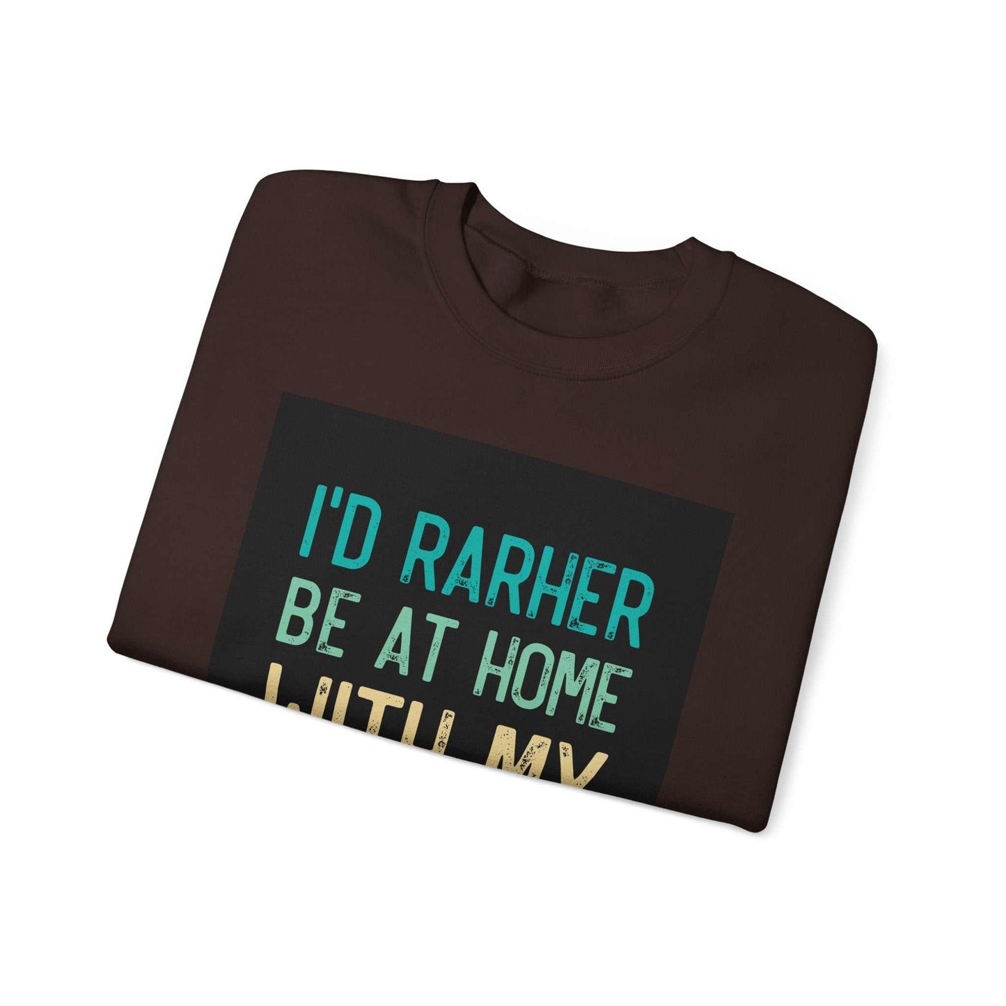 Unisex Heavy Blend™ Crewneck Sweatshirt, folded, dark color, with text design.