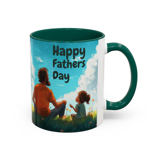 Colorful mugs with "Happy Father's Day" design, glossy finish, and dark green handle and interior.