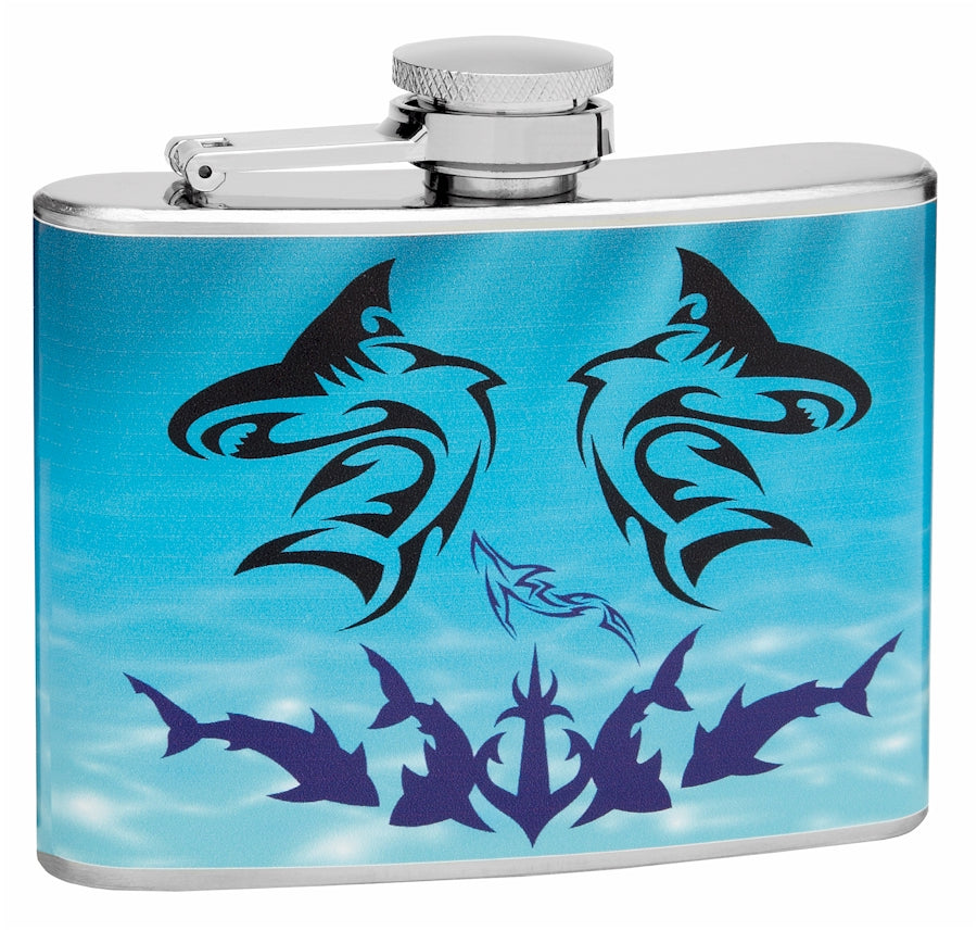 Tribal Shark Hip Flask Gift Set - 4oz Stainless Steel with Shot Glasses