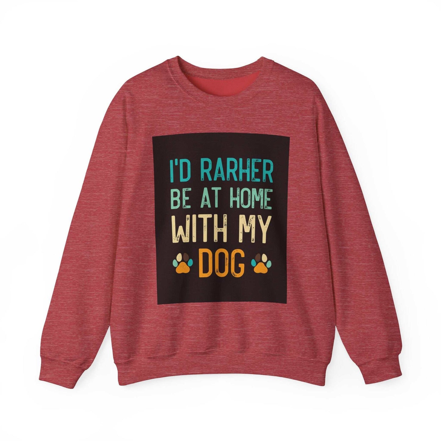 Unisex Heavy Blend™ Crewneck Sweatshirt in red with "I'd Rather Be At Home With My Dog" lettering, featuring a ribbed collar and durable stitching, ideal for comfort and style.