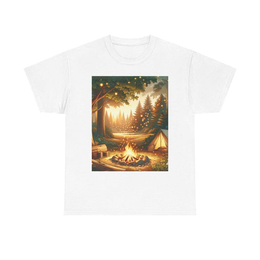 Unisex heavy cotton tee with campfire design, classic fit, of medium fabric for comfort and durability.