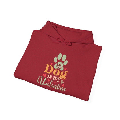 Unisex heavy blend hooded sweatshirt in red with 'My Dog is My Valentine' design.