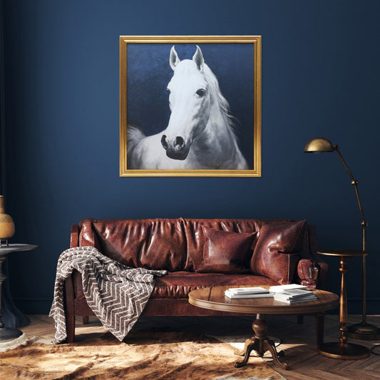 Majestic Horse Wall Art - Blue & White Gold Framed Print