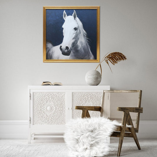 Majestic Horse Wall Art - Blue & White Gold Framed Print