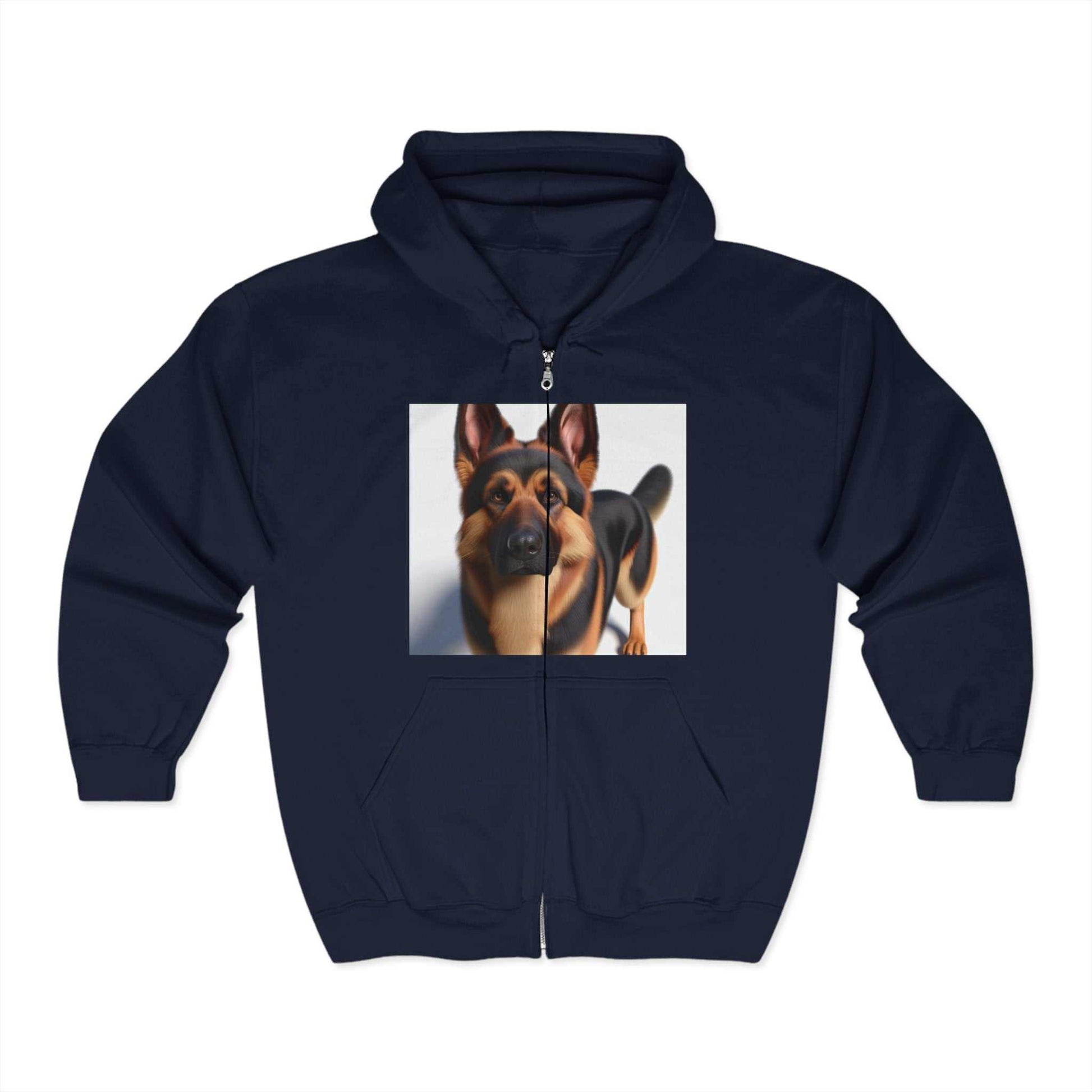 Unisex Heavy Blend™ Full Zip Hooded Sweatshirt with German Shepherd graphic, comfortable and soft fleece, navy color.