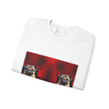 Unisex Heavy Blend™ Crewneck Sweatshirt with pug and fork design on white fabric.