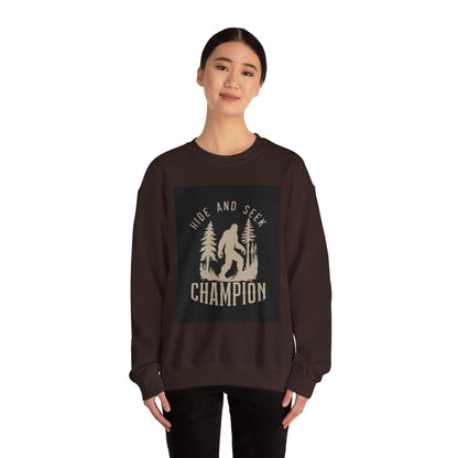 Unisex Heavy Blend™ Crewneck Sweatshirt with 'Hide and Seek Champion' design, featuring ribbed knit collar and durable stitching.