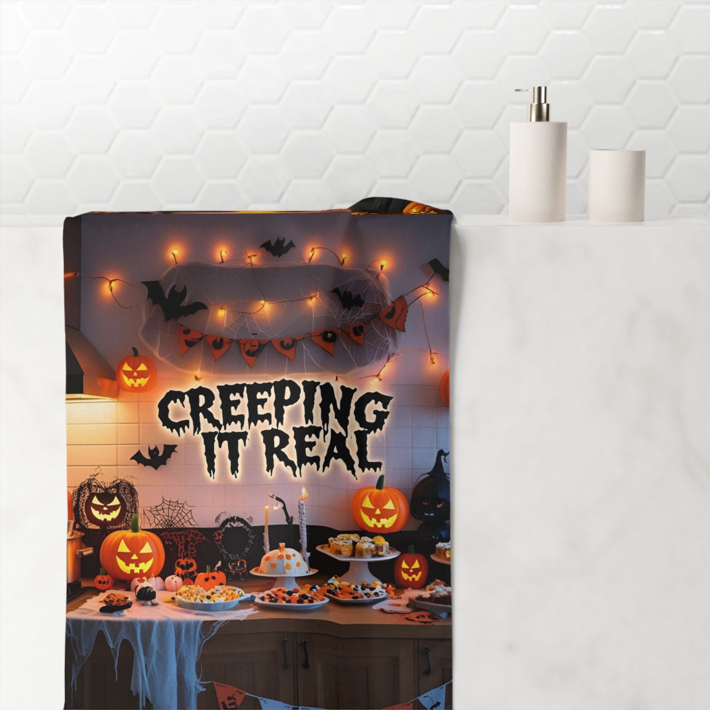Halloween Themed Towel - Creeping It Real Design, Festive Home Decor, Perfect for Parties, Spooky Season Gift, Kitchen Essentials