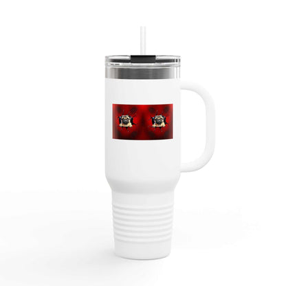 Insulated travel mug 40 oz with straw and lid, stainless steel, double-wall insulation, powder-coated finish.