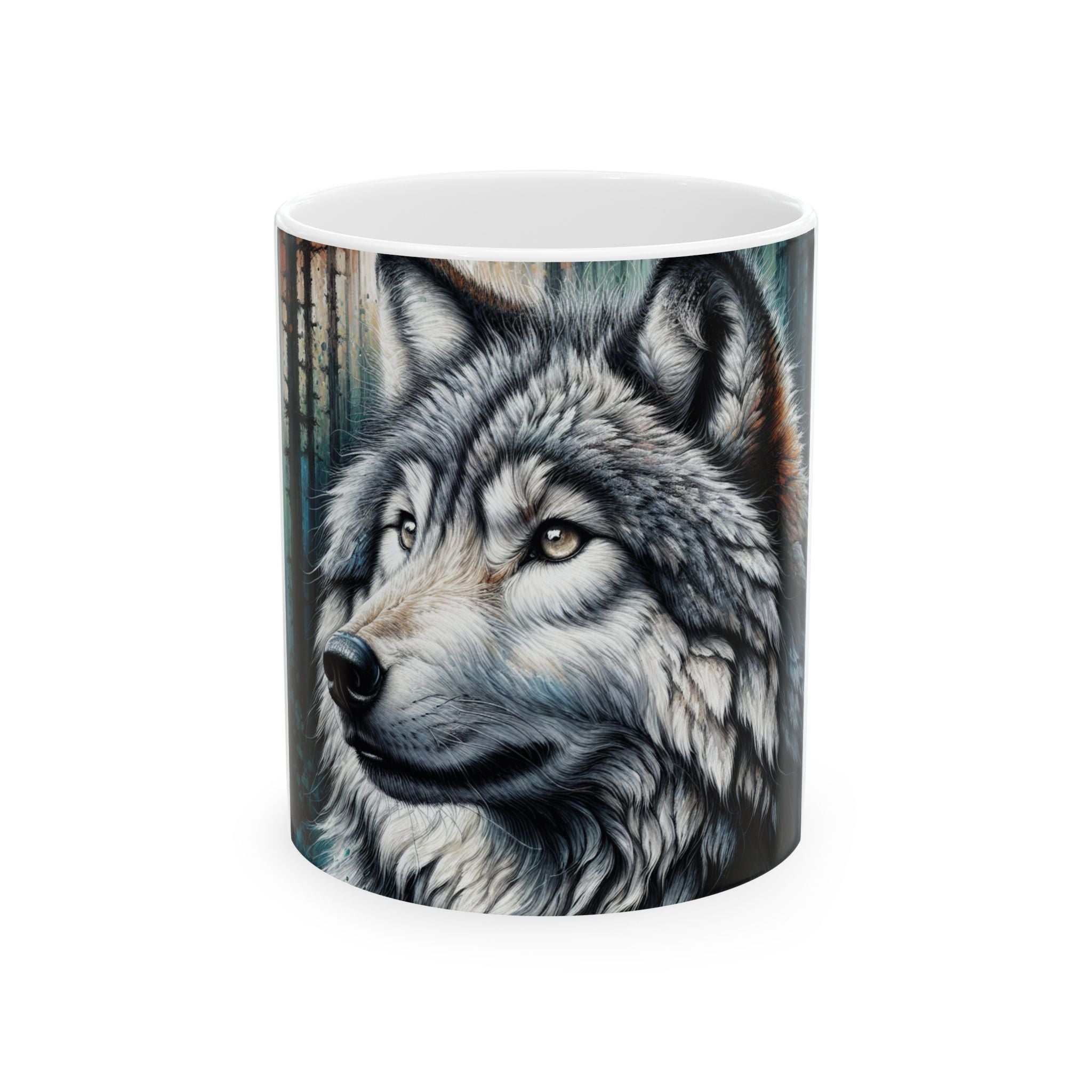 Majestic Wolf Ceramic Mug with vibrant wolf design, 11oz and 15oz sizes.
