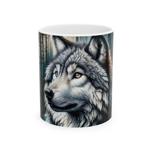 Majestic Wolf Ceramic Mug with vibrant wolf design, 11oz and 15oz sizes.